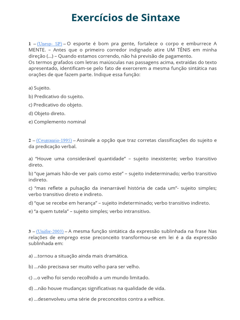 Exercícios de Análise Sintática com Gabarito | PDF | Assunto (gramática ...