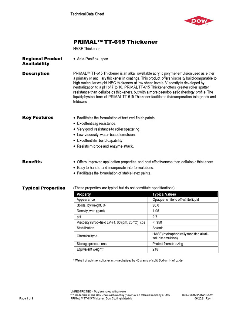 Primal TT 615 Rheology Modifier PDF Paint Rheology