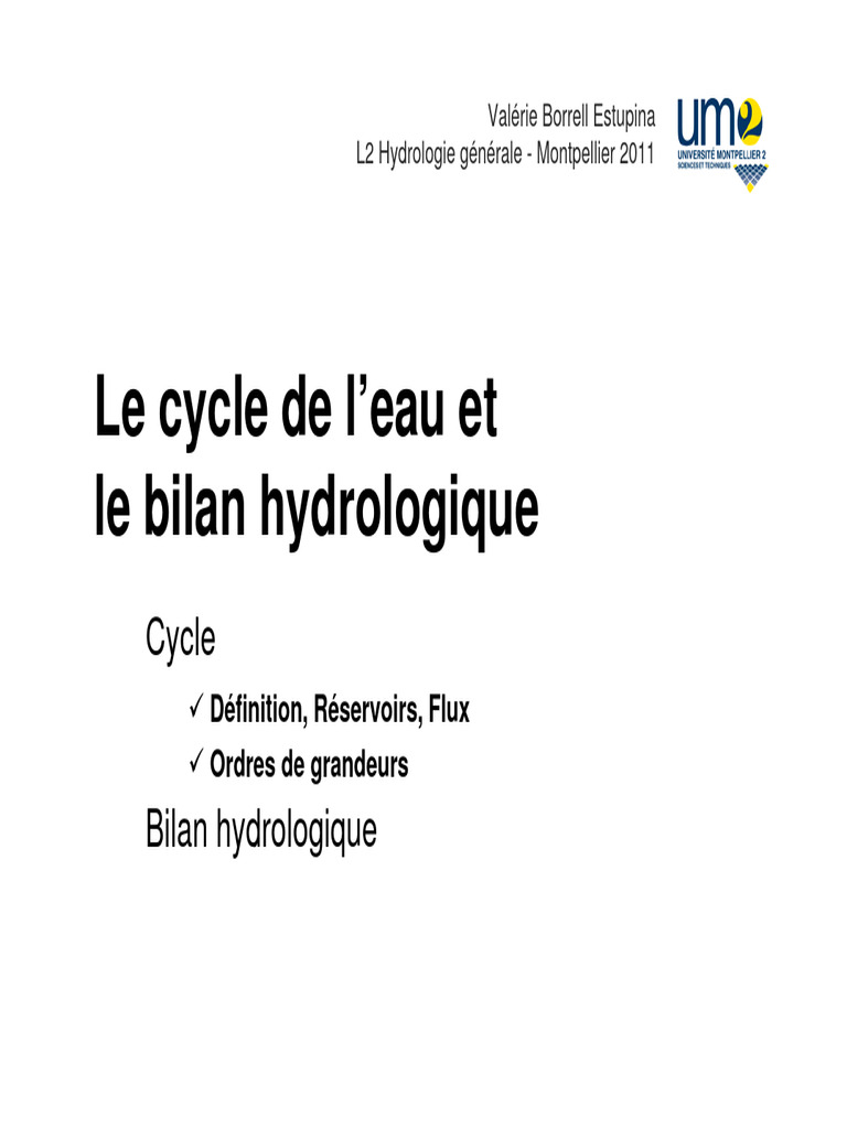 Corrigé des exercices :Le cycle et le bilan hydrologiques