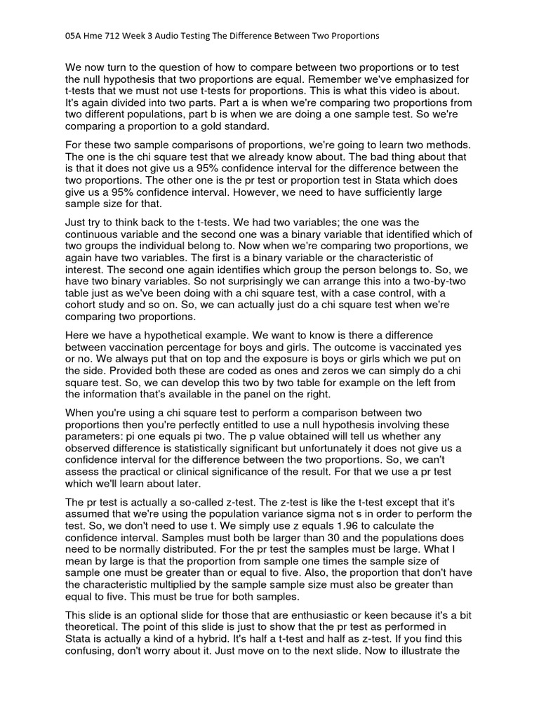 05A Hme 712 Week 3 Audio Testing The Difference Between Two Proportions