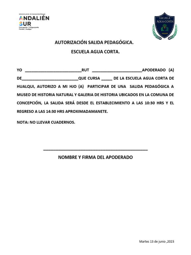 Autorización Salida Pedagógica | PDF