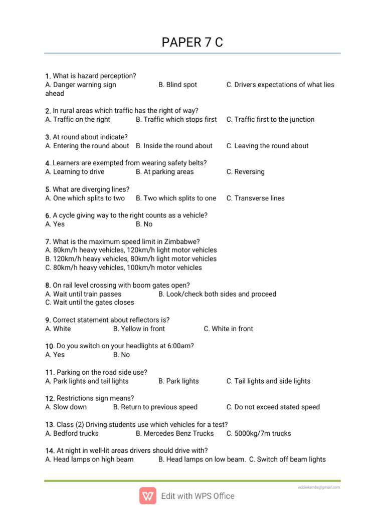 Driving Test Paper 7c | PDF