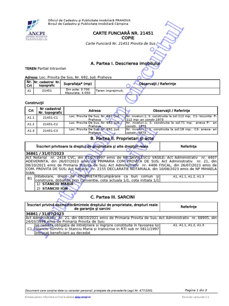Carte Funciară Nr. 21451 Copie: Extrase Pentru Informare On-Line La ...