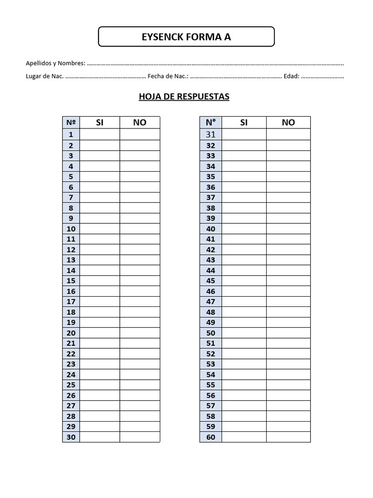 Hoja de Respuestas Eysenck Forma A | PDF