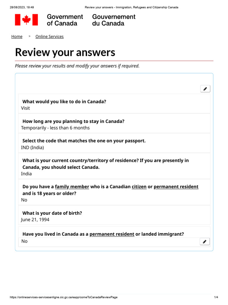 Review Your Answers - Immigration, Refugees and Citizenship Canada | PDF