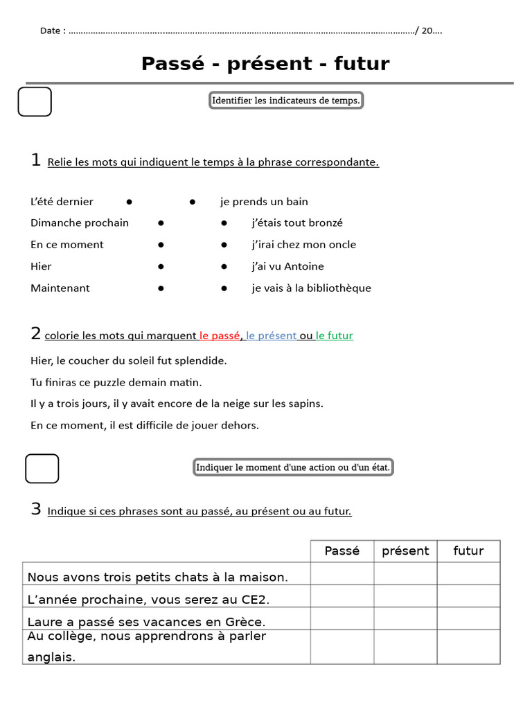 Évaluation CE1 : Passé, Présent, Futur | PDF | Arts du langage et ...
