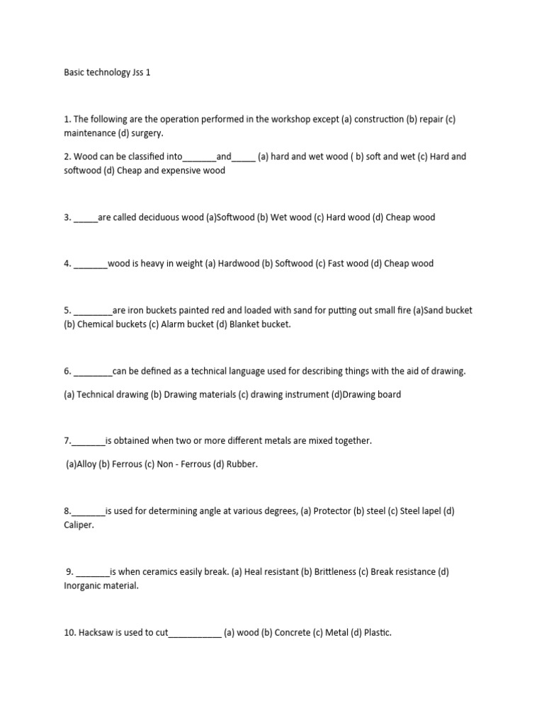 JSS1 Basic Technology ExamsWPS Office PDF Metals Wood