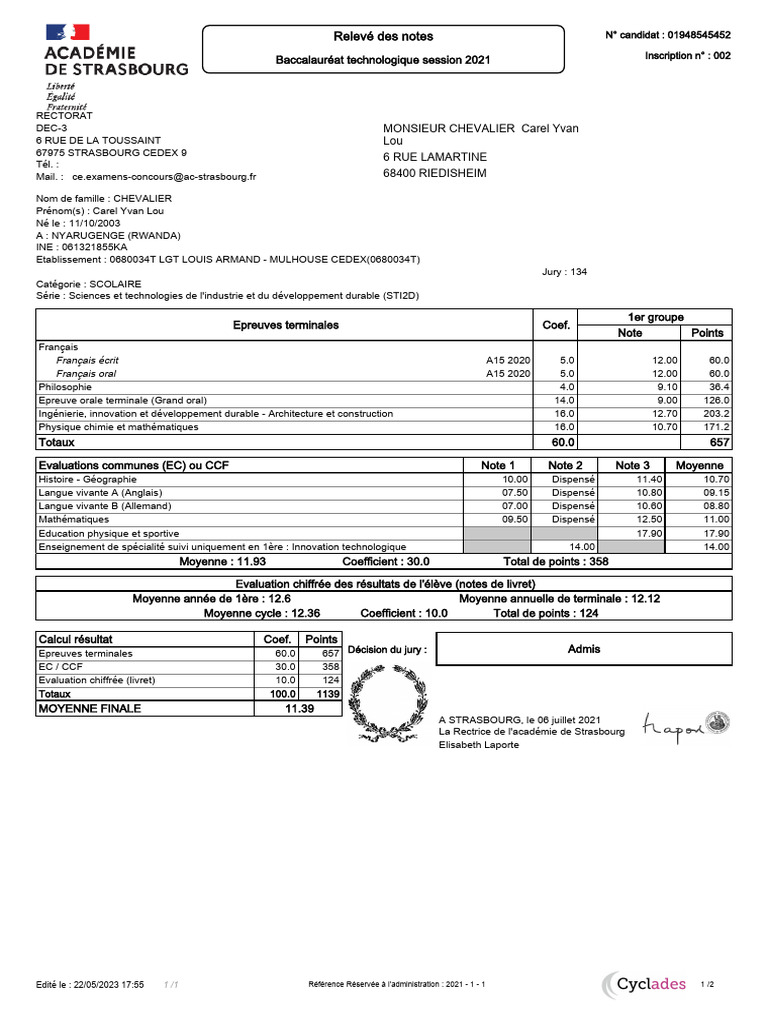 Relevé de notes Bac 2021 - Carel Yvan Lou | PDF