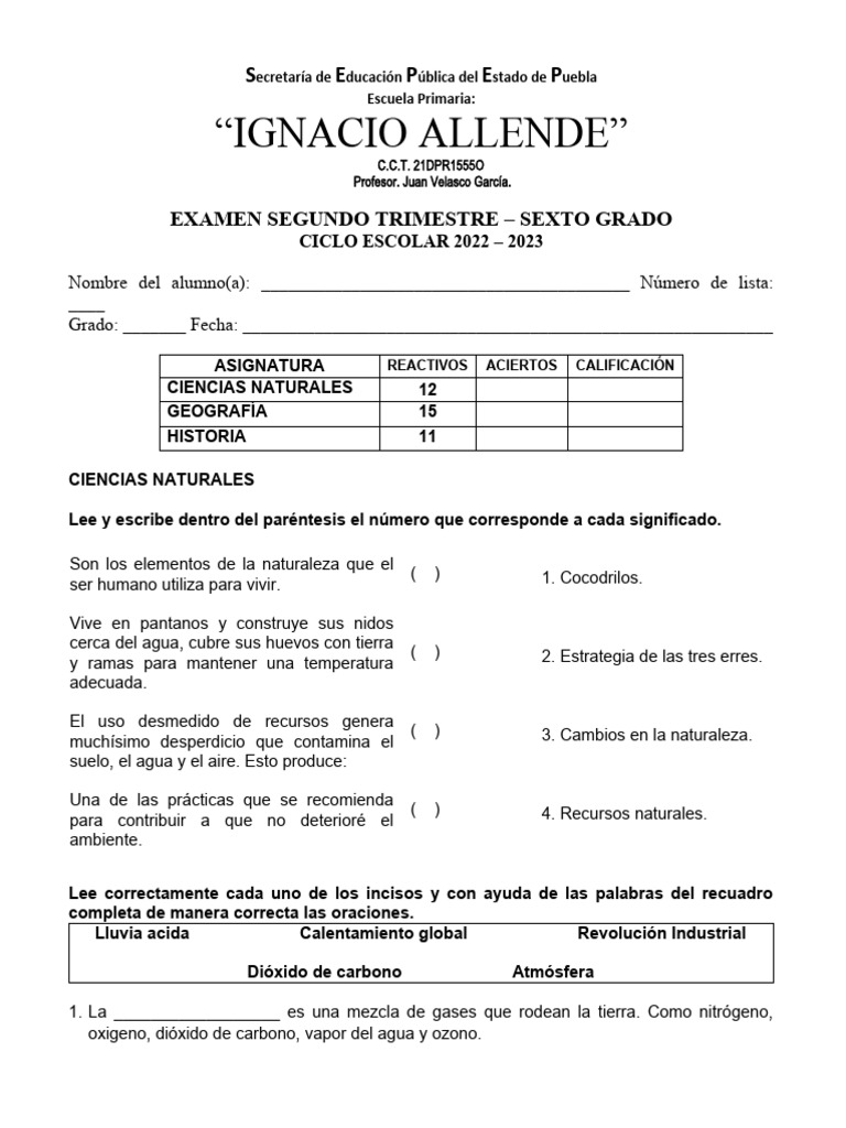 Examen 6to Grado | PDF | Volcán | Agua