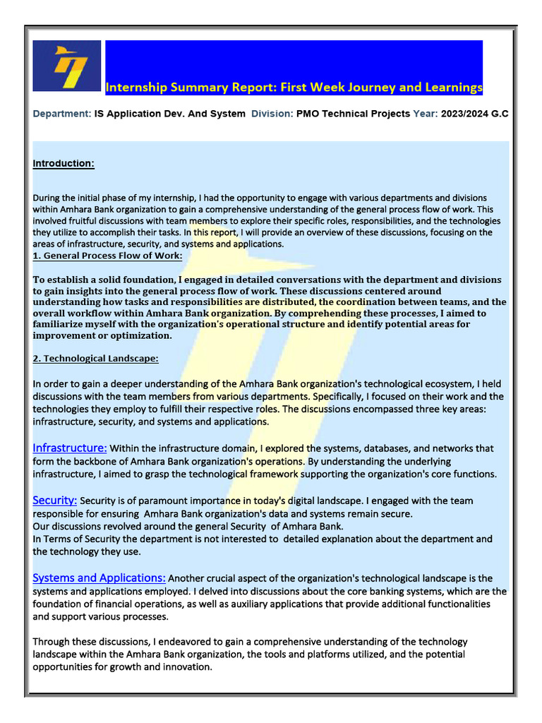 Amhara Bank Internship: First Week Insights | PDF | Computers