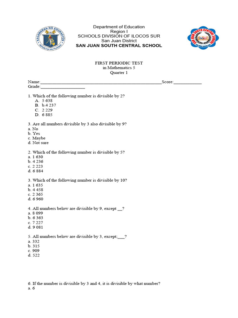 Grade 5 Math 1st Periodical Test | PDF | Multiplication | Elementary ...