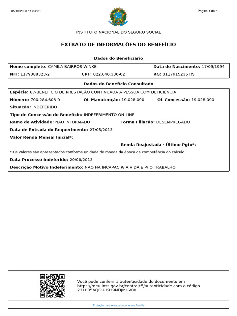 Extrato de Benefício INSS - Indeferido | PDF | Finanças e Administração ...