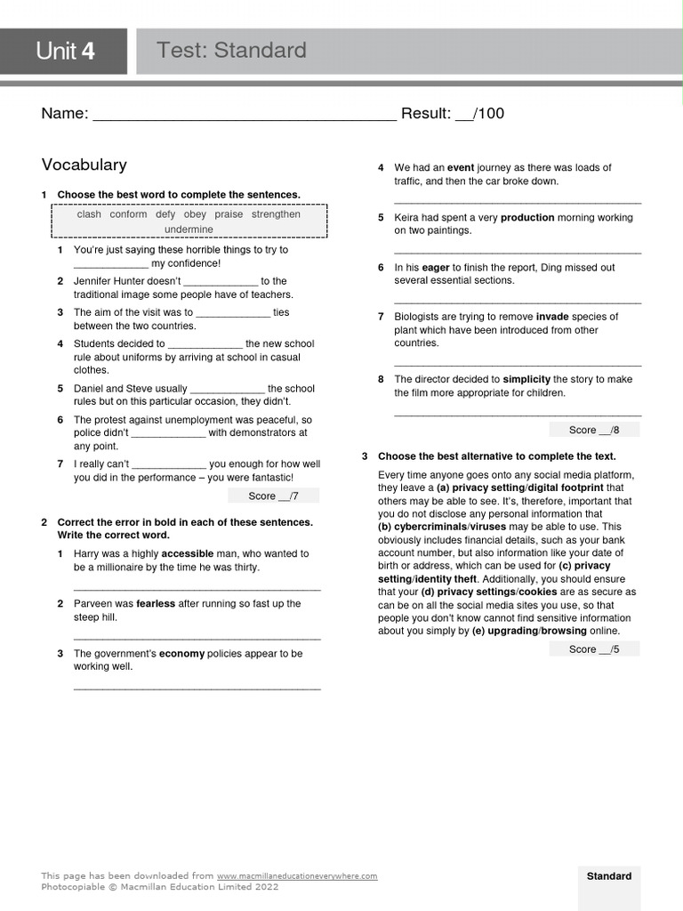 C1 u4 test standard pdf