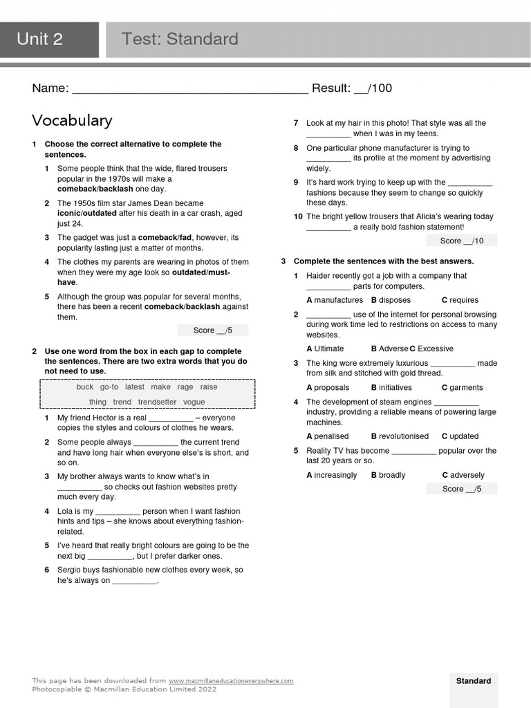 C1 U2 Test Standard | PDF | Fair Trade | English Language