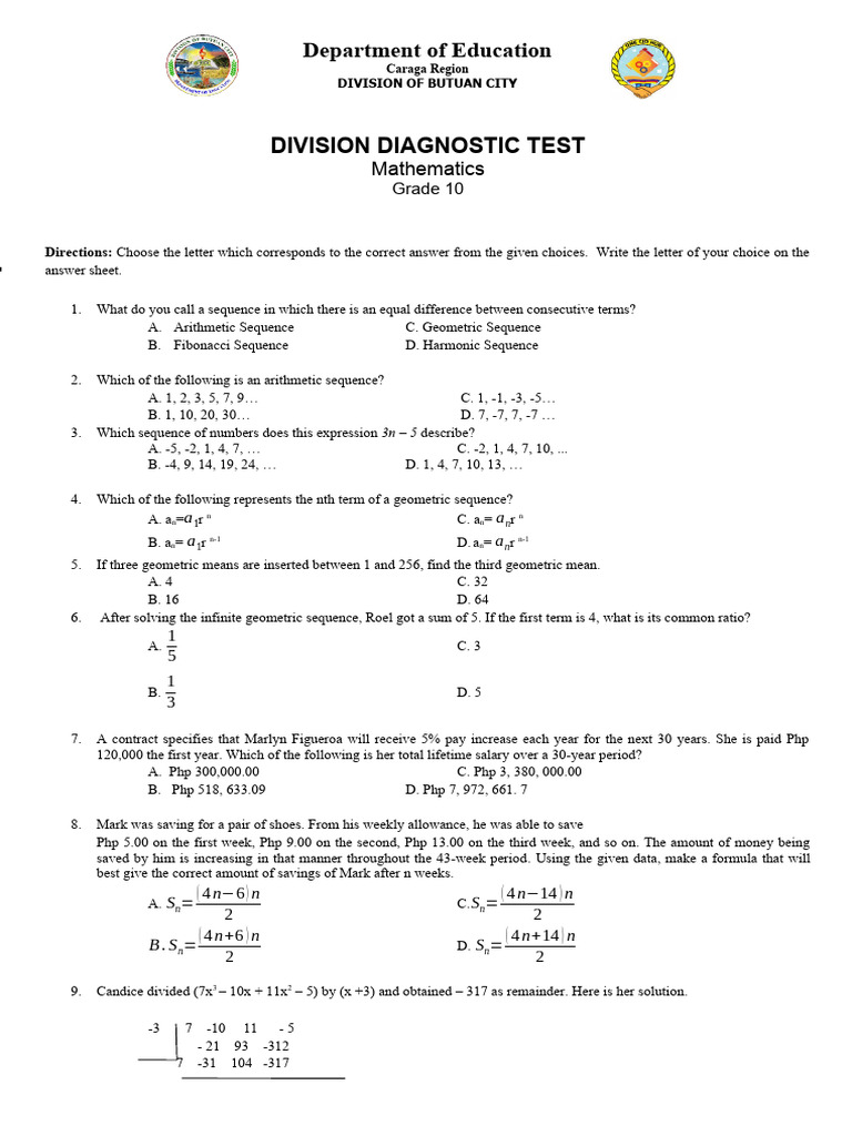 Grade 10 Mathematics Diagnostic Test | PDF | Circle | Division ...