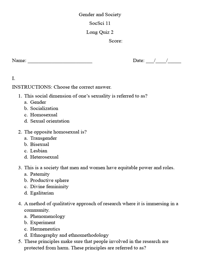 Gender and Society Quiz Overview | PDF | Sexual Orientation | Homosexuality