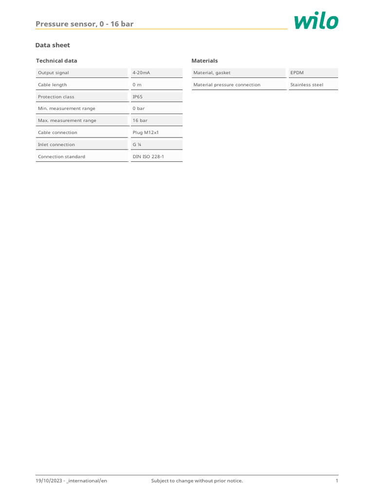 Wilo Datasheet International en 2550662 Pressure Sensor 0 16 Bar | PDF