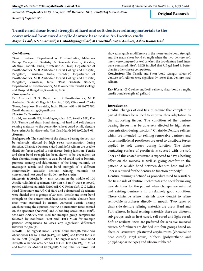 Tensile and Shear Bond Strength of Hard and Soft Denture Relining