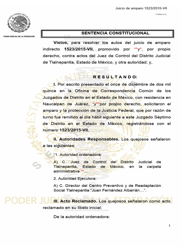 Amparo 1523/2015-VII: Sentencia Judicial | PDF | Caso de ley ...