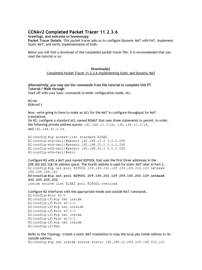 CCNAv2 Packet Tracer 11.2.3.6 Guide | PDF