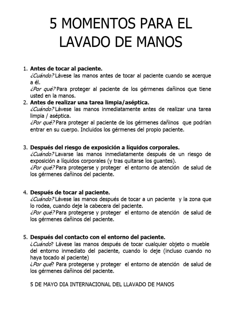 5 Momentos para el Lavado de Manos | PDF | Salud y bienestar | Ciencia ...