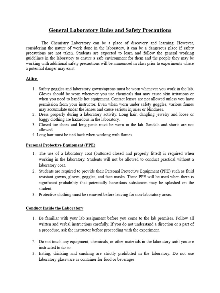 General Laboratory Rules and Safety Precautions PDF Personal