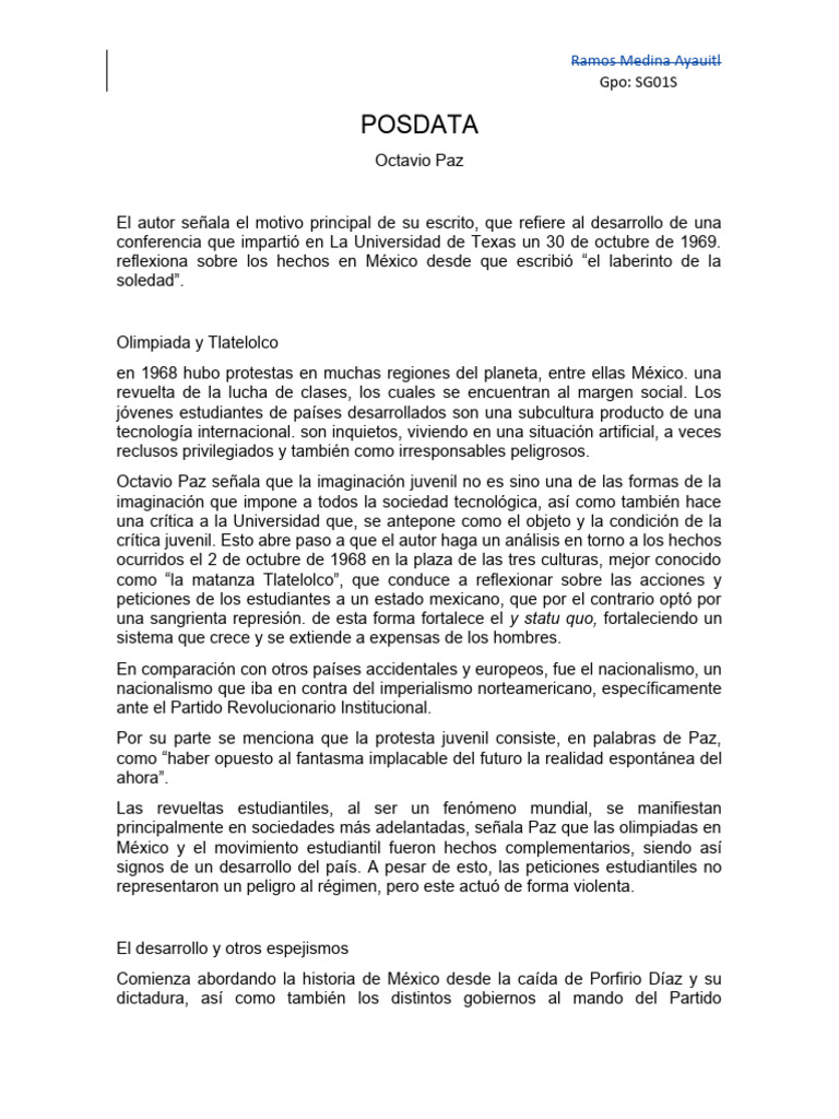 Reflexiones de Octavio Paz en Posdata | PDF | México | Ciencias Políticas