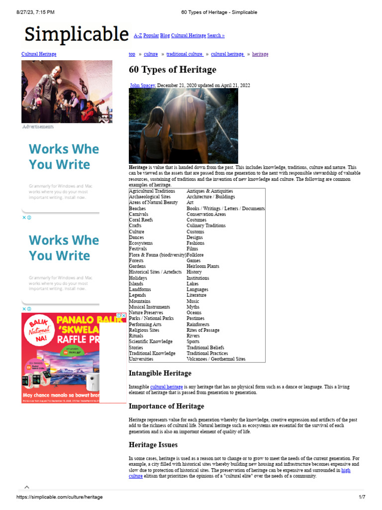 Types of Cultural Heritage Explained | PDF | Cultural Heritage | Traditions