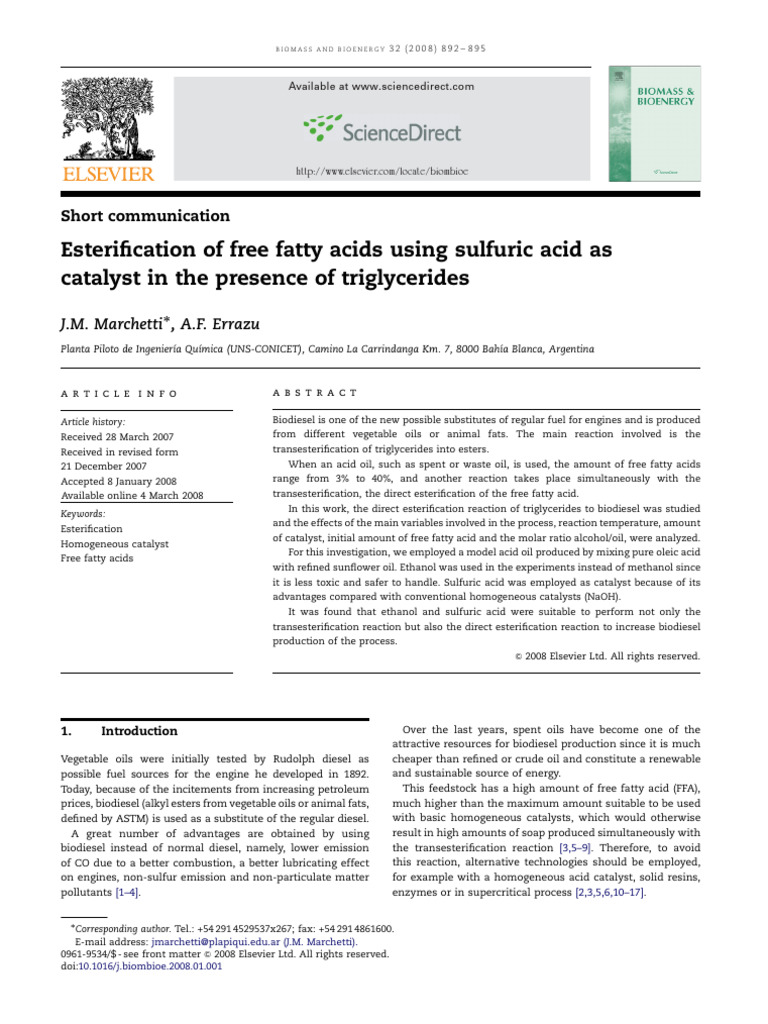 Argentina Esterification of Free Fatty Acids Using Sulfuric Acid As Catalyst in The Presence