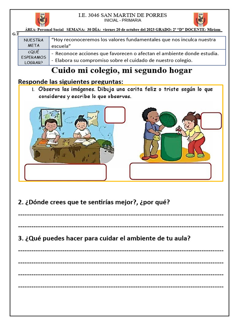 Ficha de Personal Social - Viernes 20 de Octubre | PDF | Maestros ...