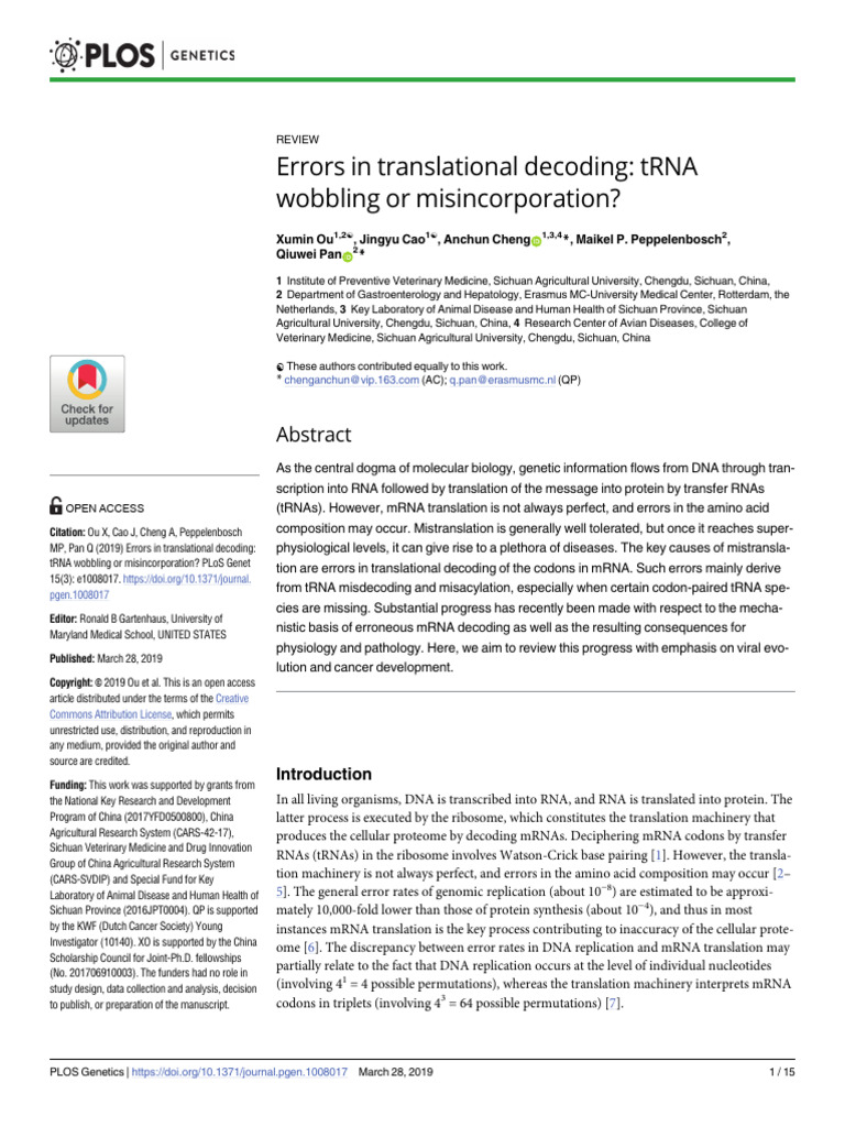 Errors in Translational Decoding tRNA Wobbling or Misincorporation ...