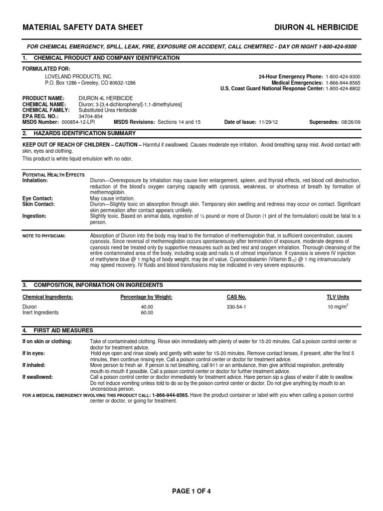 Diuron 4L Herbicide Safety Data Sheet | PDF | Personal Protective Equipment  | Occupational Safety And Health