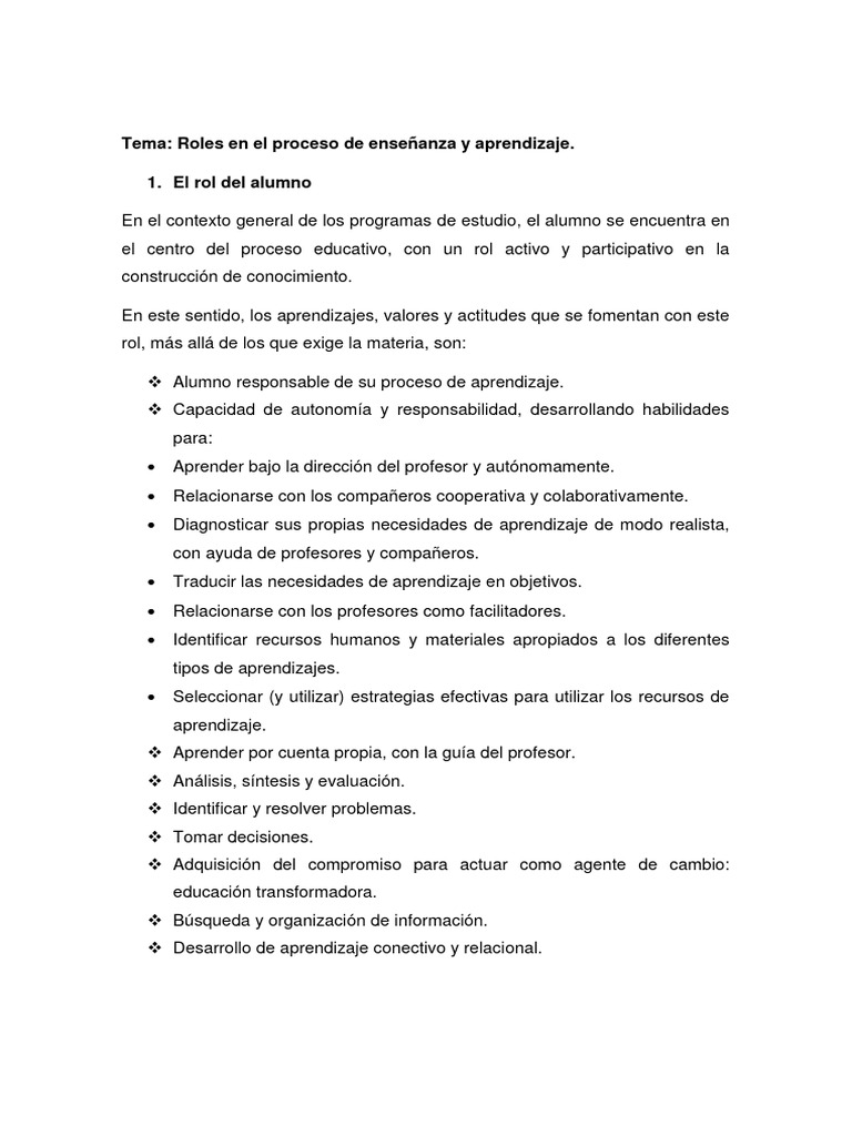 Roles en El Proceso de Esnseñanza Aprendizaje | PDF | Aprendizaje ...