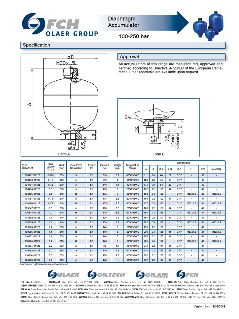 OLAER DIAPHRAGM ACCUMULATOR100250bar PDF