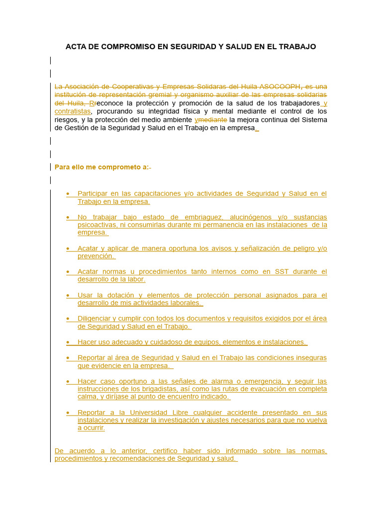 Acta de Compromiso en Seguridad y Salud en El Trabajo | PDF | Seguridad ...
