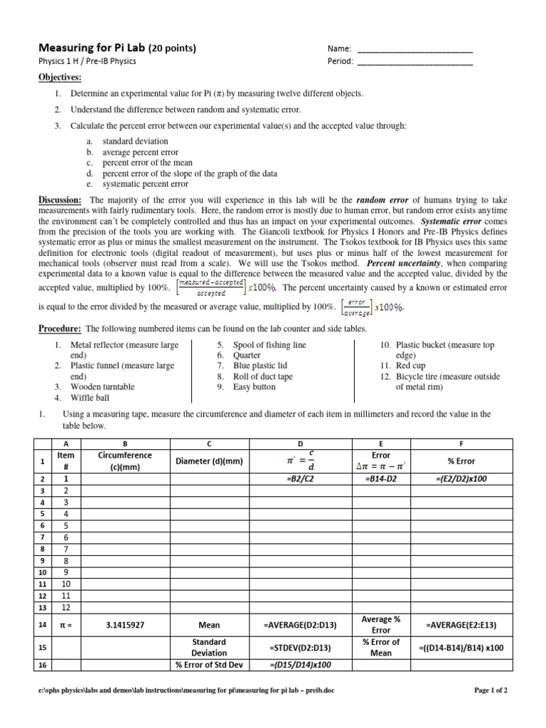 Measuring Pi Lab Instructions | PDF