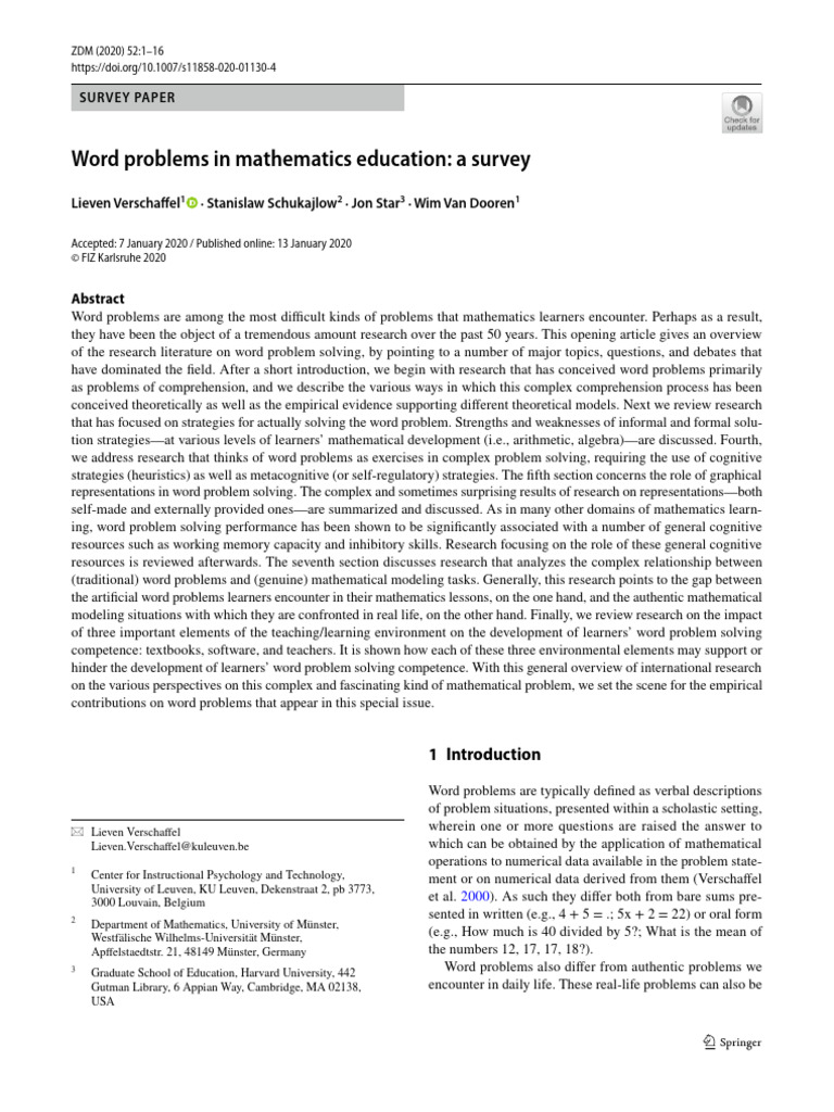 Word problems in mathematics education a survey lieven verschaffel