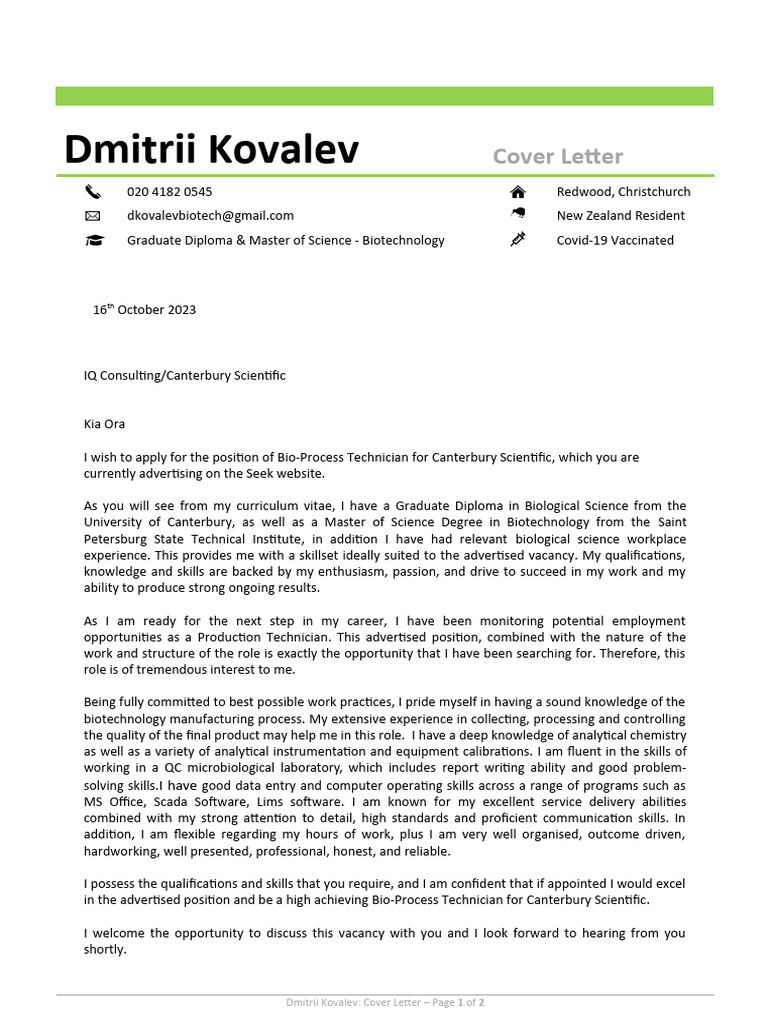 Dmitrii Kovalev Canterbury Scientific Cover Letter PDF Science