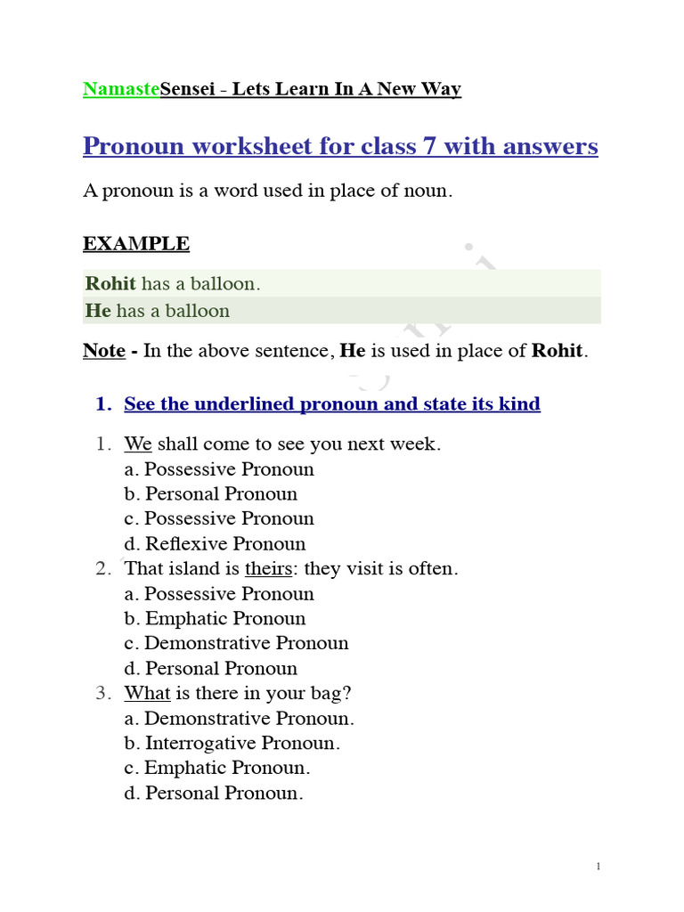 Pronoun Worksheet For Class 7 | PDF | Pronoun | Semantic Units