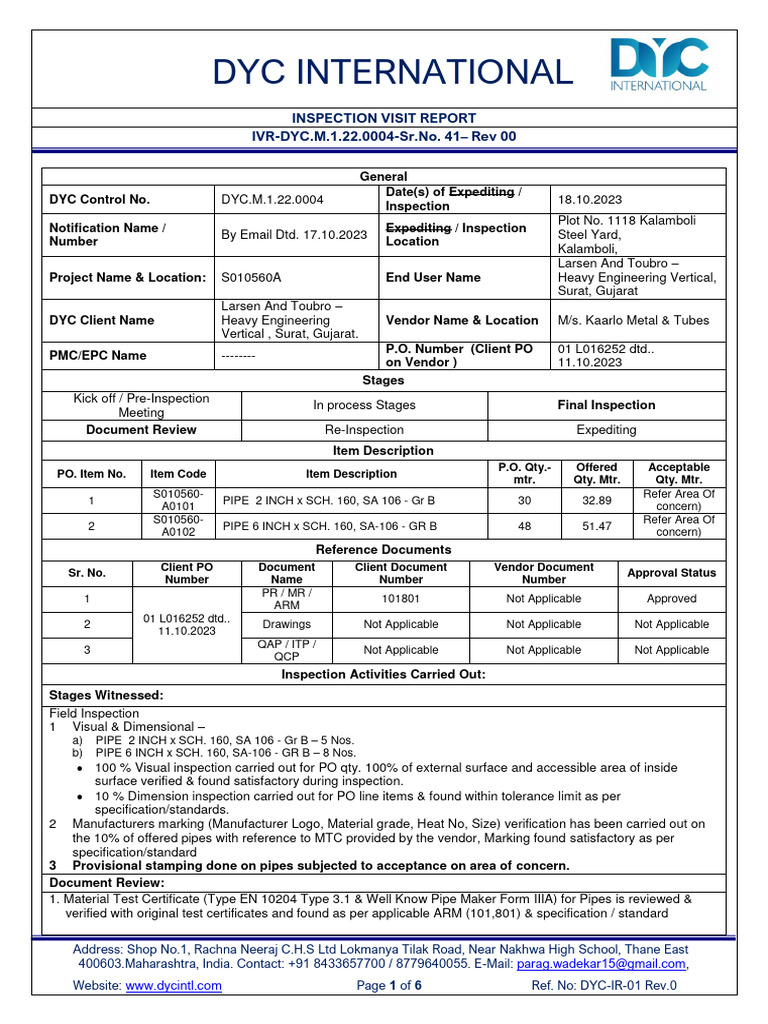 Inspection Report for Pipe Delivery | PDF | Pipe (Fluid Conveyance ...