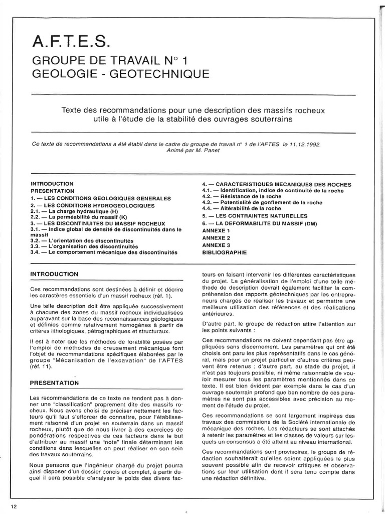 Recommandations AFTES Massifs Rocheux - Supplt Au N°117 - 1993 | PDF