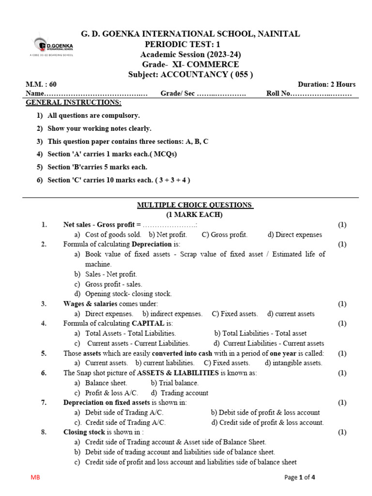 Class 11 Accountancy Test Paper 1 | PDF | Debits And Credits | Depreciation
