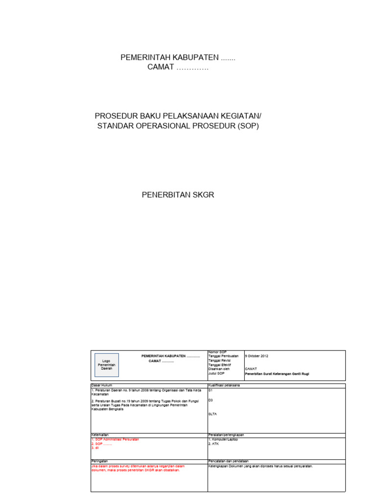 SOP Penerbitan SKGR Kabupaten | PDF
