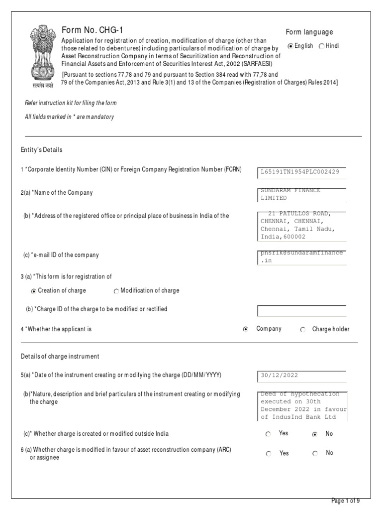 Form CHG-1 - 28 - 01 - 2023 - 28 - 01 - 2023 | PDF | Loans | Intangible ...