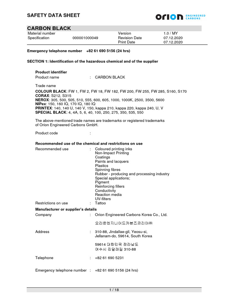 Carbon Black Safety Data Sheet | PDF | Chemistry | Occupational Safety ...