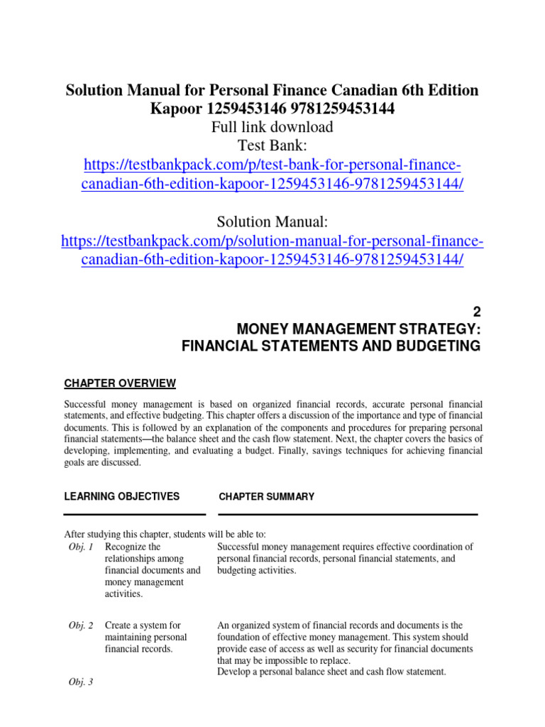Personal Finance Canadian 6th Edition by Jack Kapoor Solution Manual ...