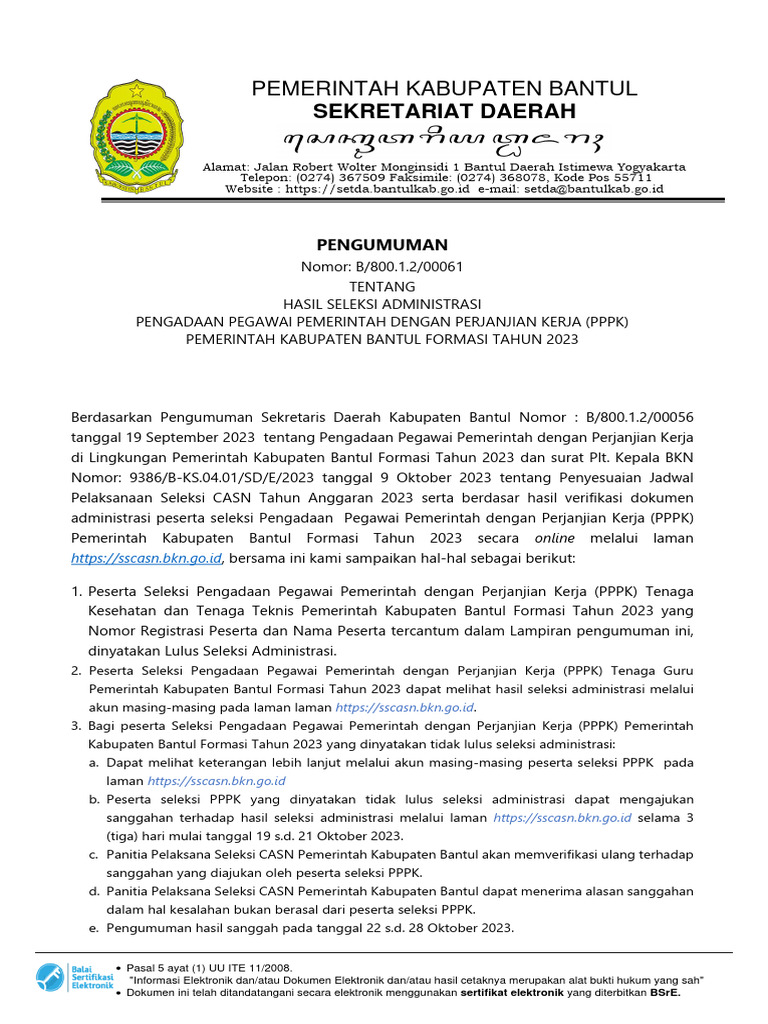 Pengumuman Hasil Seleksi Administrasi PPPK Bantul Formasi 2023 | PDF