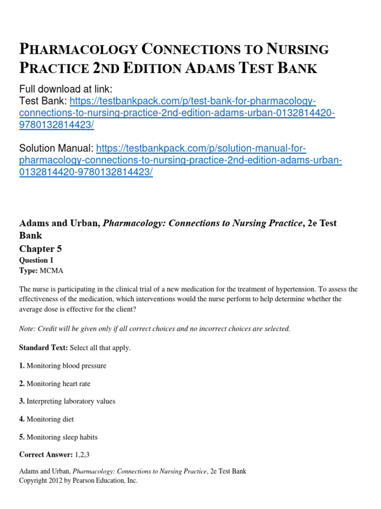 Pharmacology Connections To Nursing Practice 2nd Edition Adams Test ...