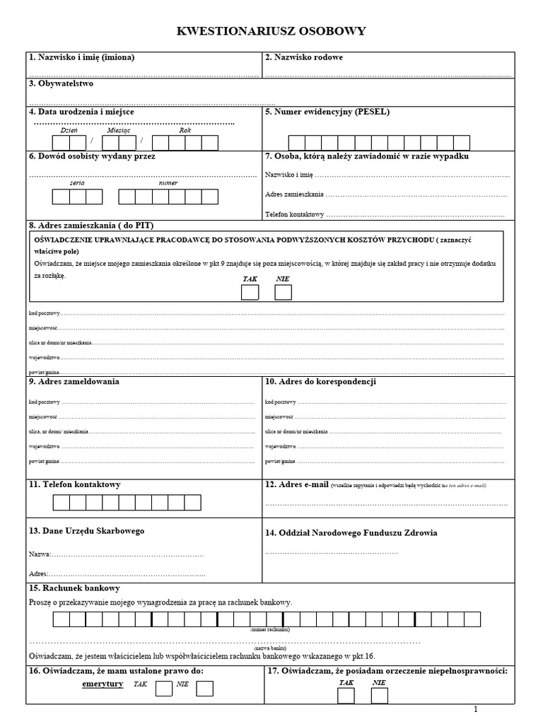 KWESTIONARIUSZ OSOBOWY DANE KONTAKTOWE CO WPISA intelligence overview
