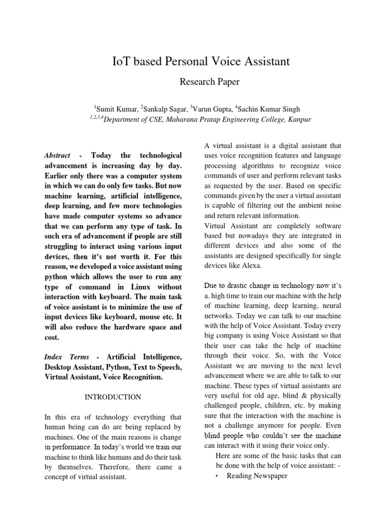 Iot Based Personal Voice Assistant: Research Paper | PDF